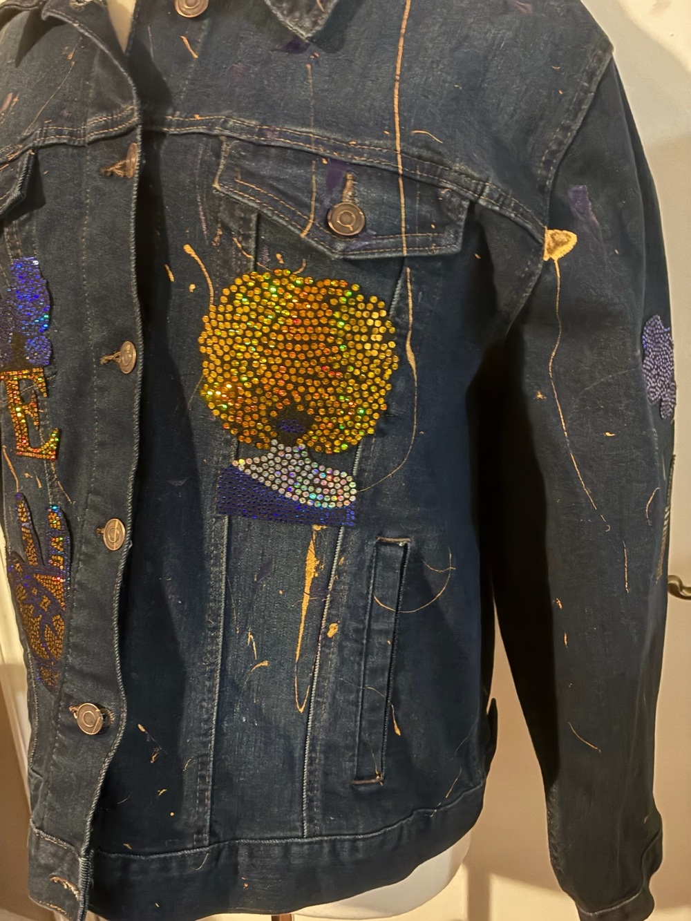 Sigma Gamma Rho Dark Denim Jacket with Gold Paint Splatter &  embellished Patch